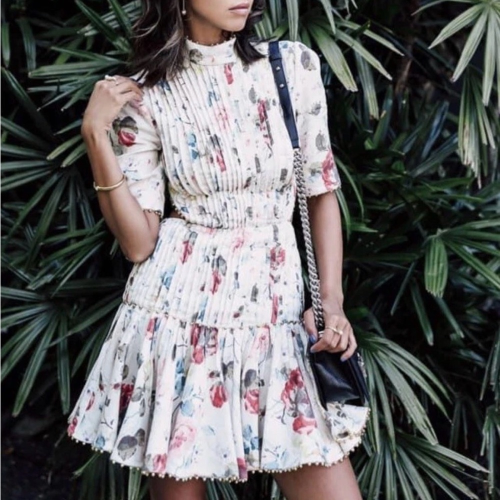 Zimmermann Mischief Cream Floral Pintuck Mini Dress w/Pink Roses Corset Back - Picture 8 of 12